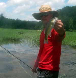 Shoal bass nailed a stealth bomber on the edge of a grass bed...